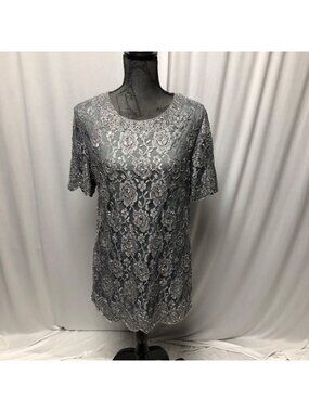 Candlelight and Champagne Top Womens Size Large Beaded Floral Lace Silver Gray